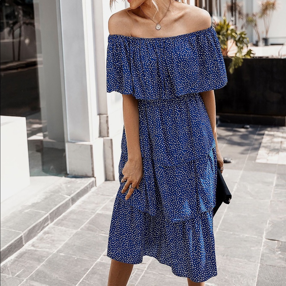 🔥Navy Blue Off The Shoulder Tiered Dress - Picture 2 of 6